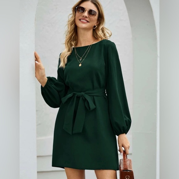 Dark Green Belted Dress - Picture 3 of 6
